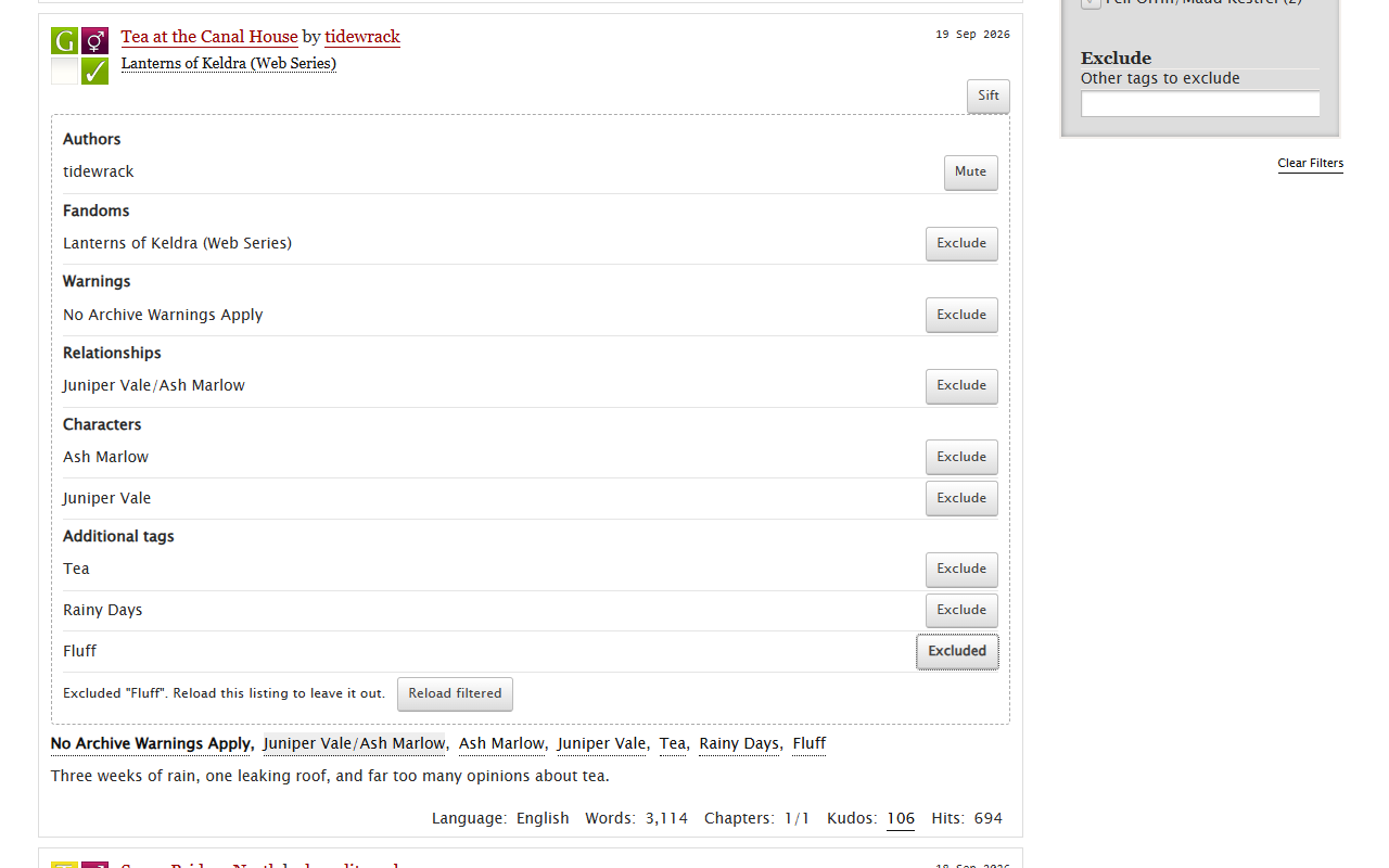 The Sift panel on a work, with Exclude next to each tag and Mute next to the author