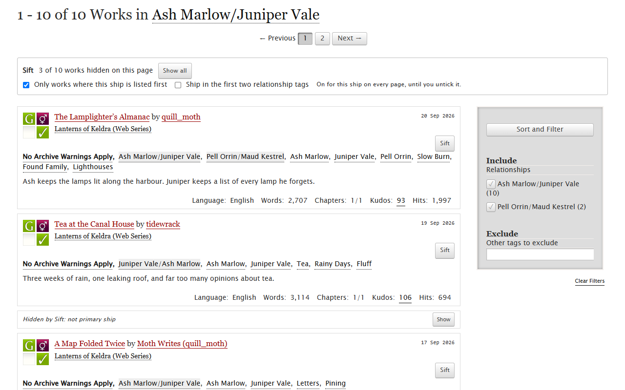 A ship's works page with the Sift bar: 3 of 10 works hidden because the ship isn't listed first